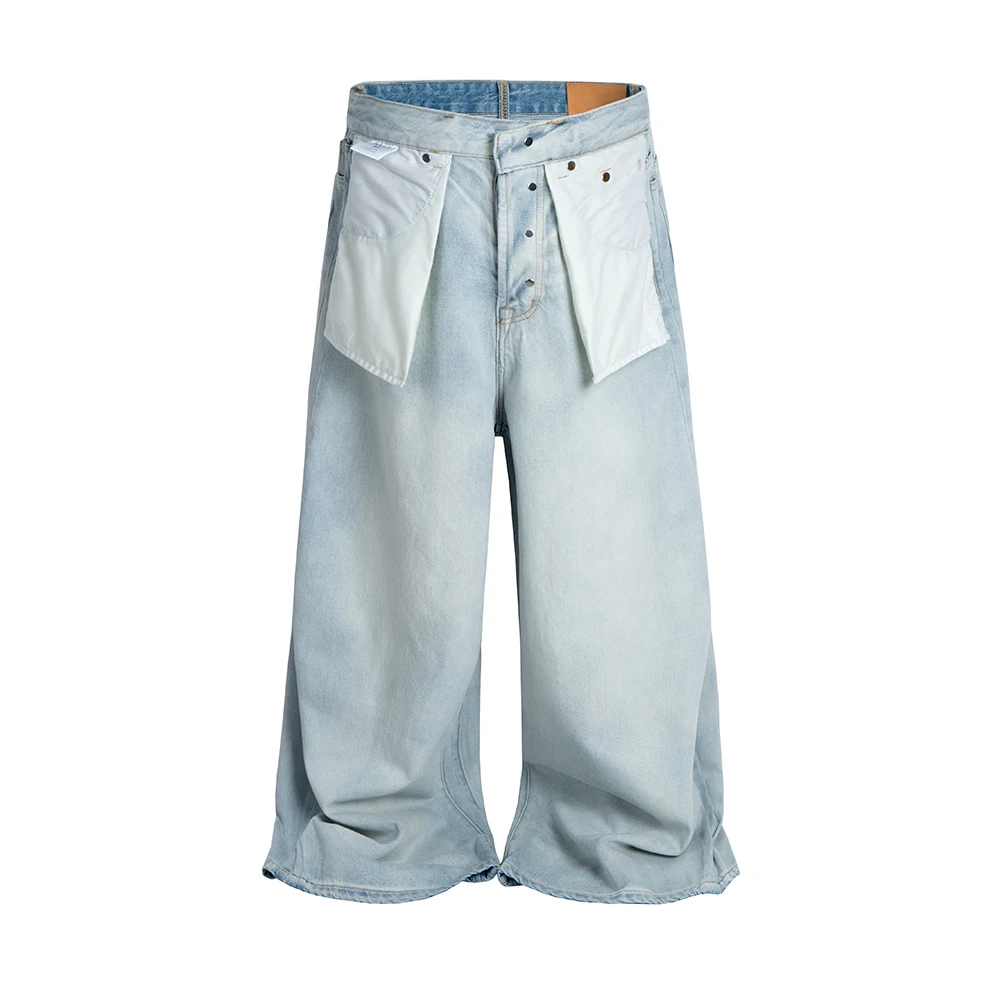 بنطلون جينز فضفاض غير رسمي بأرجل واسعة للرجال ملابس الشارع مخططة ومغسولة ومرقعة جينز فضفاض كبير الحجم #3