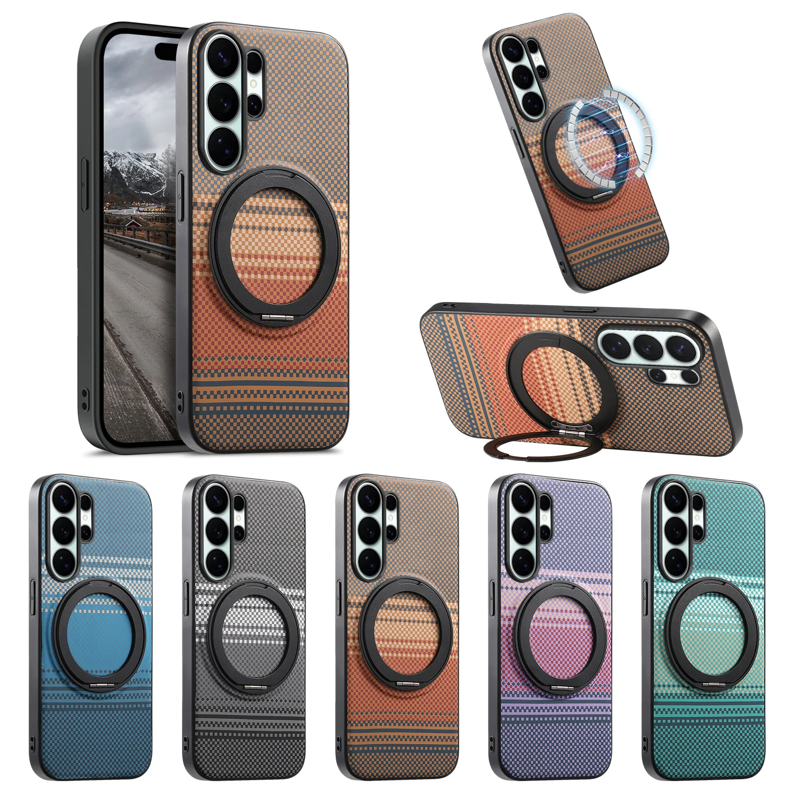 

For Samsung Galaxy S26 Plus Ultra S25 FE Edge S24 S23 Luxury Magnetic Rotatable Stand Holder Phone Case, Gird Shockproof Cover