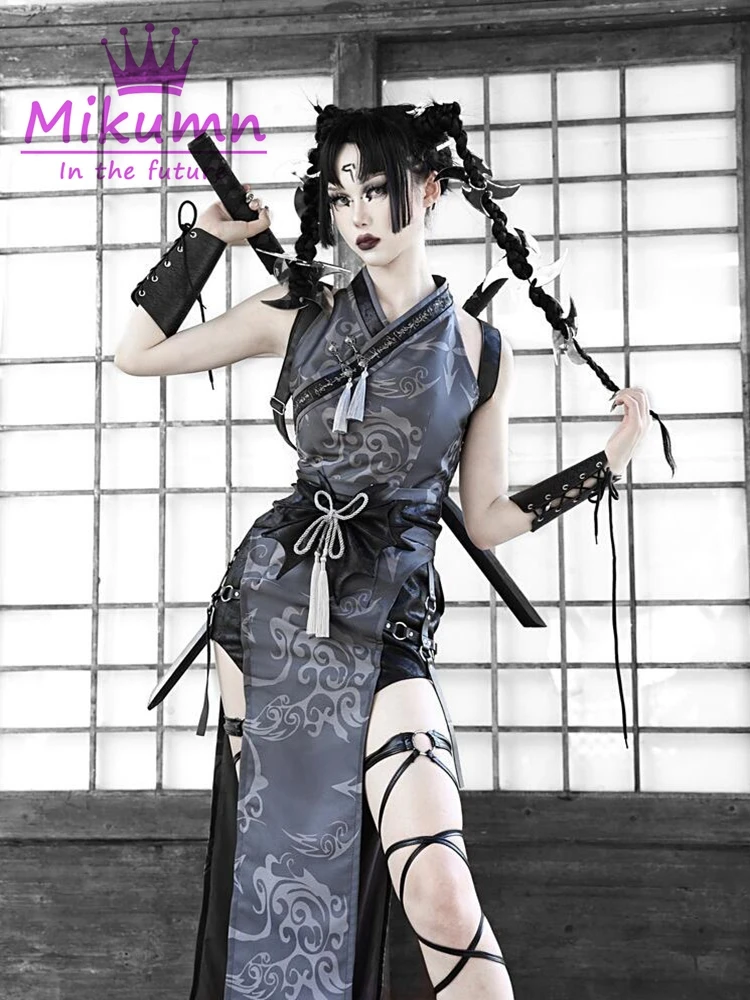 

Japanese Gothic Ninja Women Cosplay Sleeveless Embroidered Asymmetrical Sexy High Slit Dress Partywear