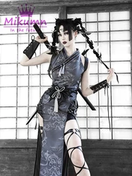 Japanese Gothic Ninja Women Cosplay Sleeveless Embroidered Asymmetrical Sexy High Slit Dress Partywear