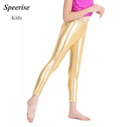 Girls Spandex Shiny Leggings Kids Elastic Trousers Basic Metallic Ballet Jazz Pants Stage Performance Dancing Trousers 3-10Years