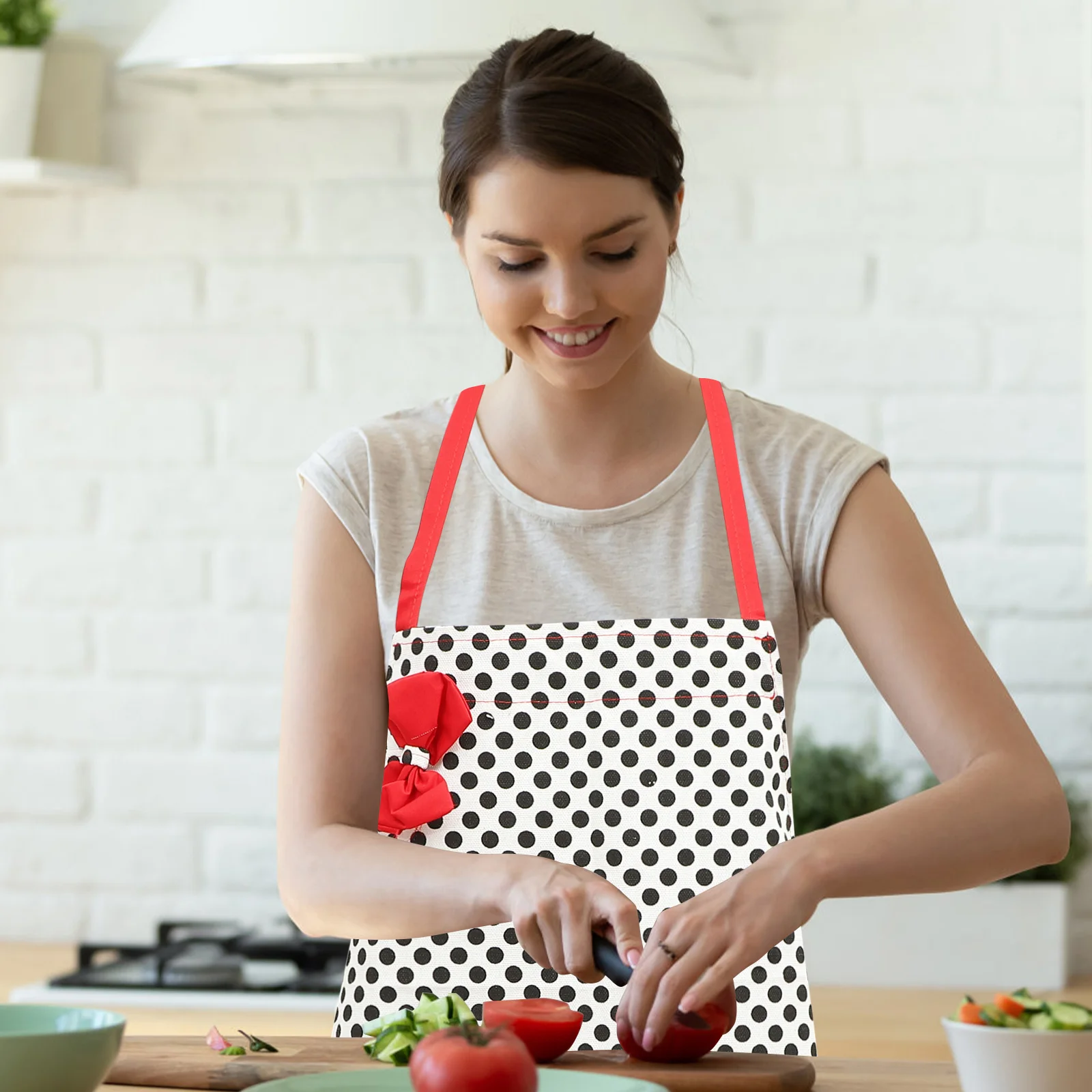 

Red For Women Free Size 75*65Cm Halter Neck Sleeveless Cooking Apron With Pocket Kitchen Cafe Hotel Use Cotton