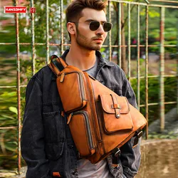 Retro Brown Genuine Leather Men's Backpack Large-Capacity Chest Bag Fashion Multi-Functional Travel Backpacks Casual Schoolbag