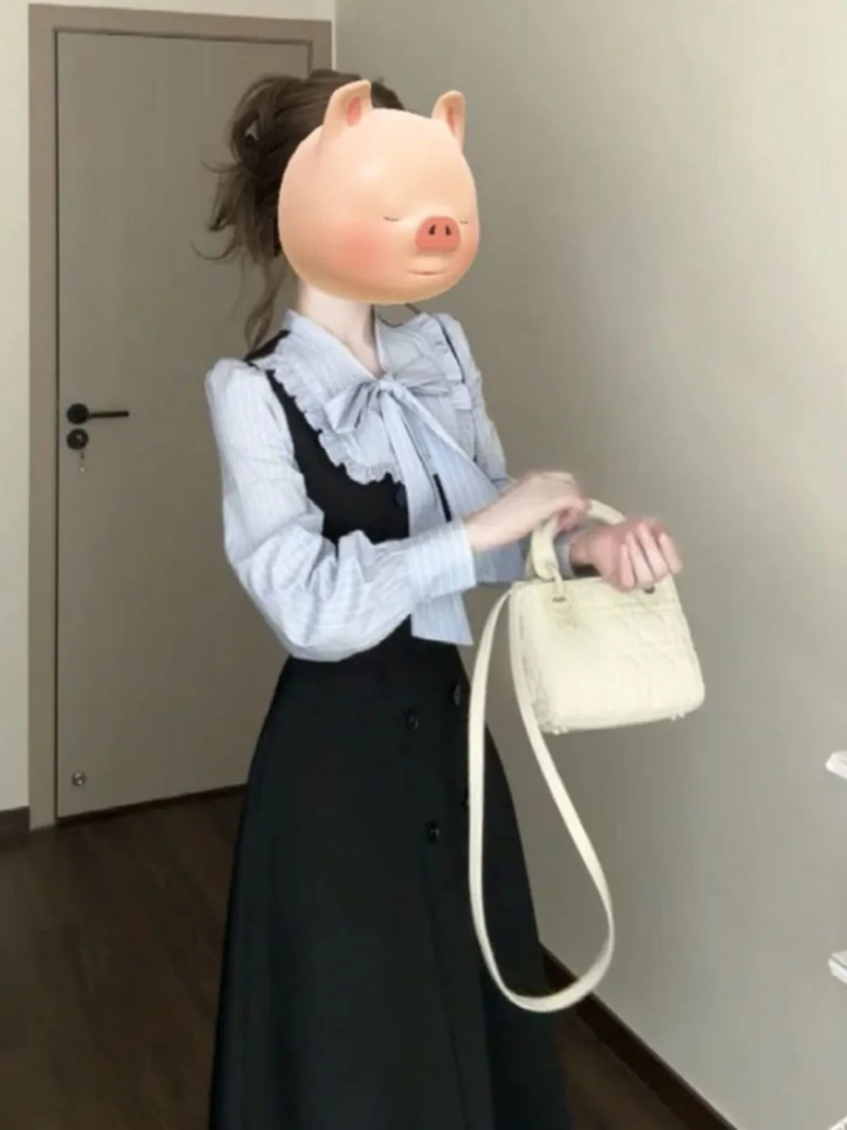 

Korean Style Color Block Dress Knot Waist Spring Long Sleeve A-Line Skirt Casual Single Piece round Neck Dress