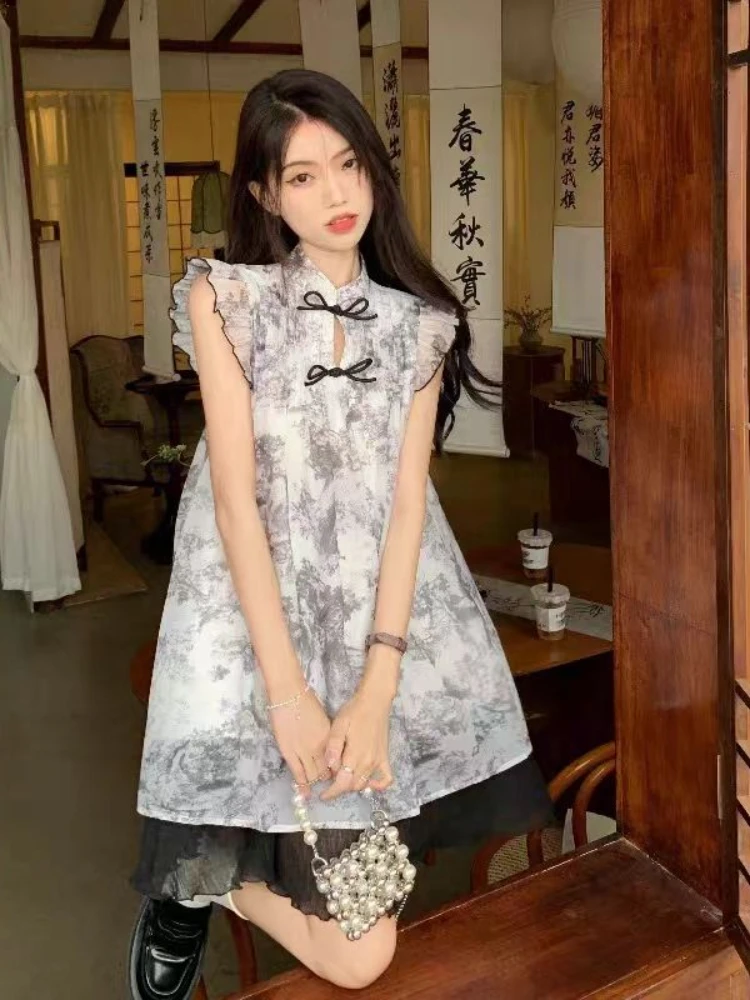 Dress Women Gentle Temper Chinese Style Tie Dye Designed Flying Sleeve Delicate Ruffles Sweet Summer Fairycore Vestidos Mandarin