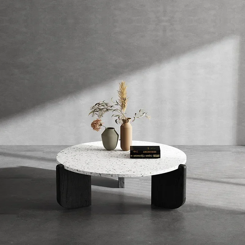 

Light luxury terrazzo size round coffee table side table combination living room small apartment solid wood tea table