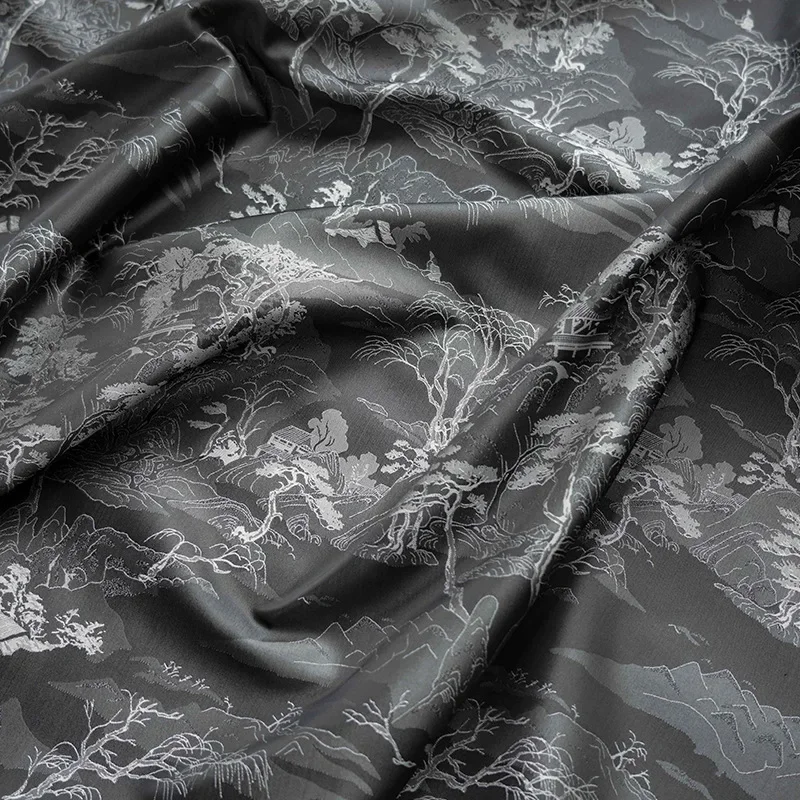 Stile cinese Nero Grigio Modello di montagna Tessuto jacquard tinto in filo Abito antico Cheongsam Tessuto da cucito fai da te