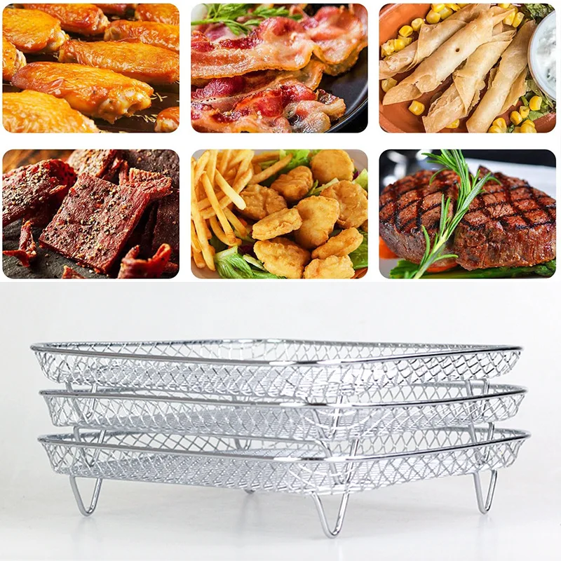 3-layers Air Fryer Rack Stainless Steel Stackable Grid Grilling Rack For Air Fryer Basket Tray Air Fryer Accessories