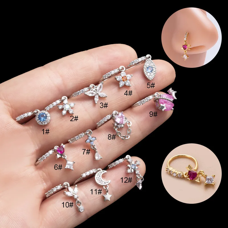 1PC Colorful Zircon Moon Heart Pendant Nose Ring for Women Flower Star Body Jewelry Cartilage Piercing Indian Dangle Nose Rings