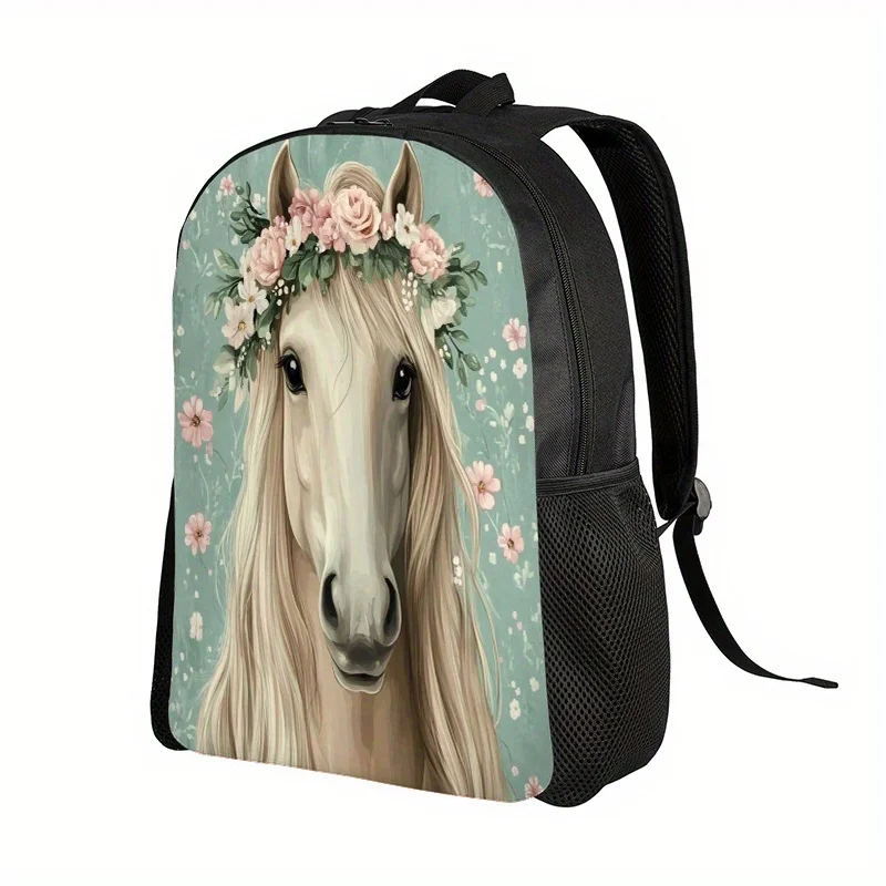 

1 Horse Head and Wreath Backpack - Mint Green Soft Print, Adjustable Shoulder Strap, Spacious Zip Closed School Bag