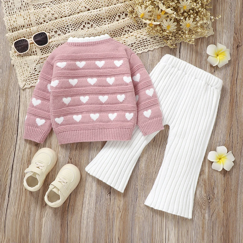 Baby Clothes Sets Knitted Infant Girls Sweater Long Sleeve +Pants Autumn Newborn Children Cardigan Cute Loving+Trousers Fashion