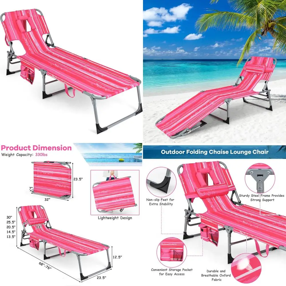 Adjustable 5-Position Folding Beach Lounge Chair with Face Hole, Pillow, Side Pocket for Tanning and Relaxation