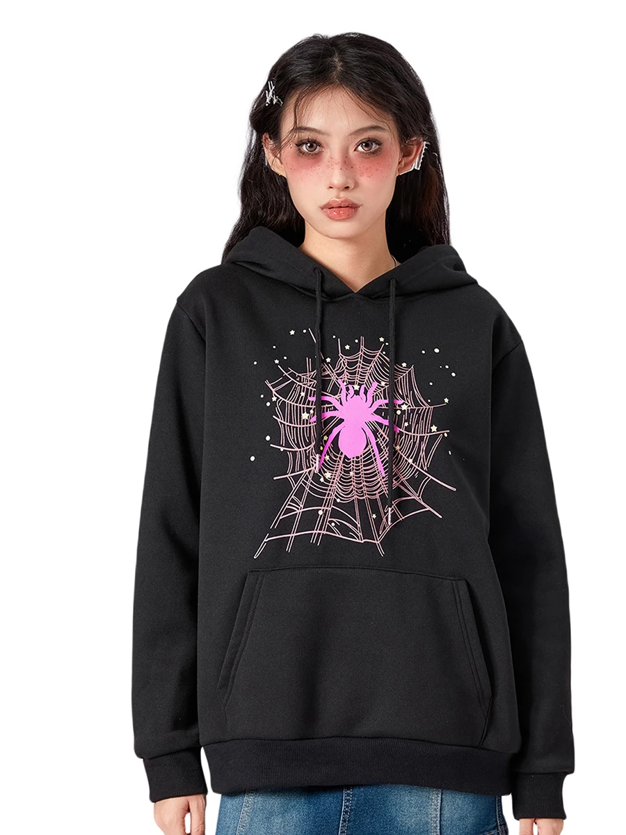 Women s Halloween Spider Web Print Hoodies Pullover Fashion Long Sleeve Hooded Sweatshirt with Pockets Outwear Costume