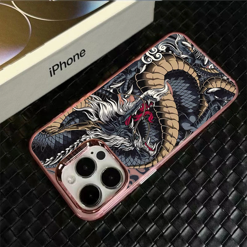 New Luxury Dragon Totem Anti-drop Armour Case For iPhone 16 Pro Max 15 14 13 12 11 Pro XR XS 7 8 Plus Lens protect plating Cover