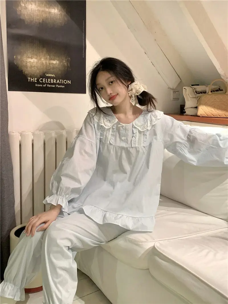 Korean version sweet princess lace slimming all cotton comfortable and fashionable popular home clothes women\'s suit girls\' home