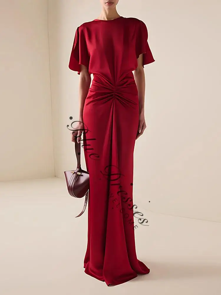 

customized Elegant Women's Red Floor Length Gown Gathered Waist Short Flutter Sleeves Formal Evening Dress Sophisticated Style