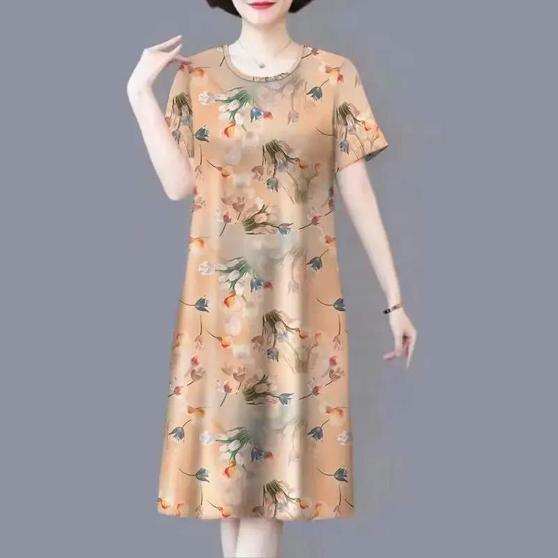 Temperament Senior Simplicity Printing Flower Literature Retro Style Ice Shreds Comfort Cool Loose Women's Dress Summer 2024