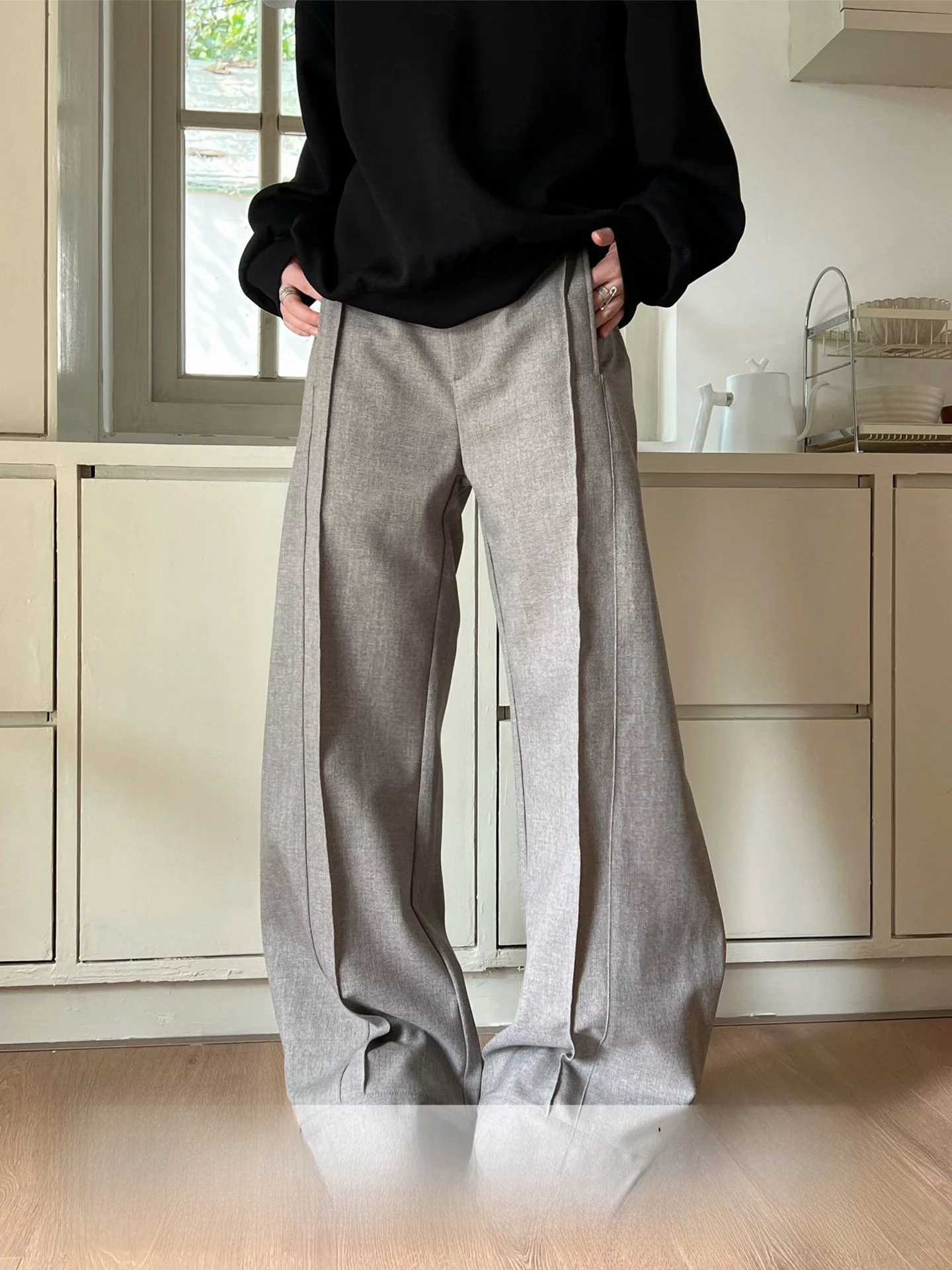 

Loose Wide Leg Suit Pants Unisex High Waist Straight Cut Commute Style Spring Season Regular Thickness Polyester Spandex Blend