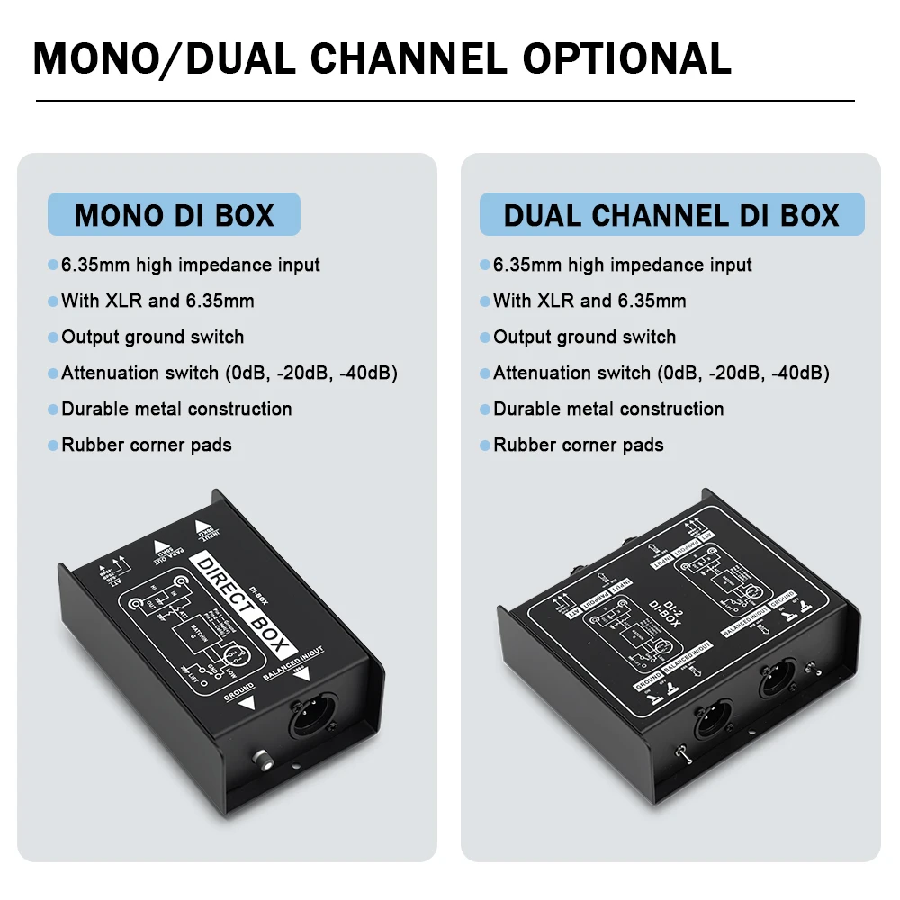 LEUS DI1-2 Passive Audio DI Box Direct Injection Box Low Noise Guitar Bass DI Single Channel Audio Converter Multipurpose