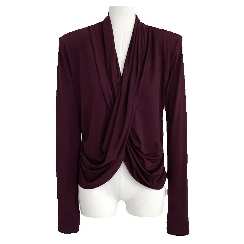 Damesblouse Nieuw elastisch slim fit V-hals lang mouwlig topje voor lente 2026 Kruiskraag taille-aangepast Damesblouse y2k T-shirt - afbeelding 2