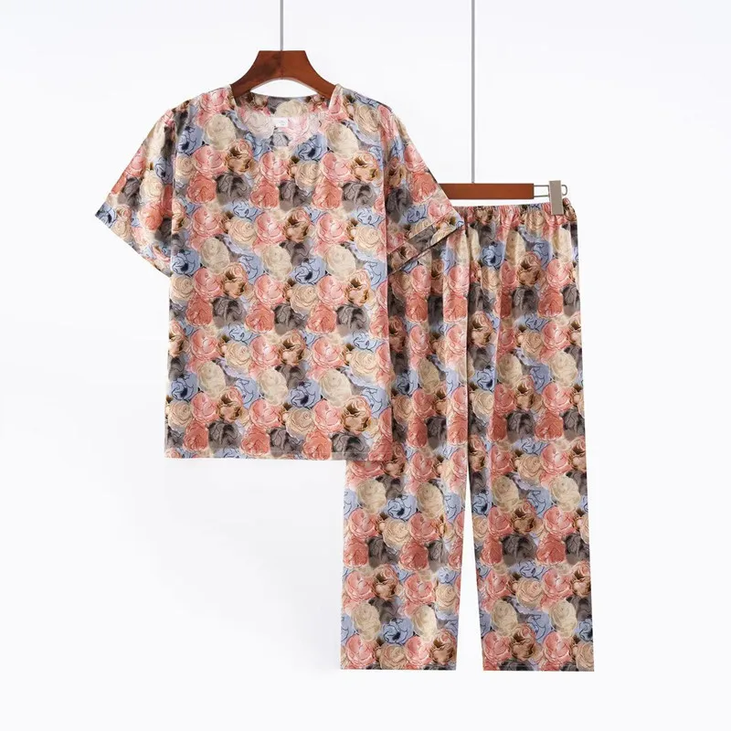 Conjunto de pijamas de manga curta feminino, roupa de casa de duas peças, estampada feminina, mãe de meia idade, verão