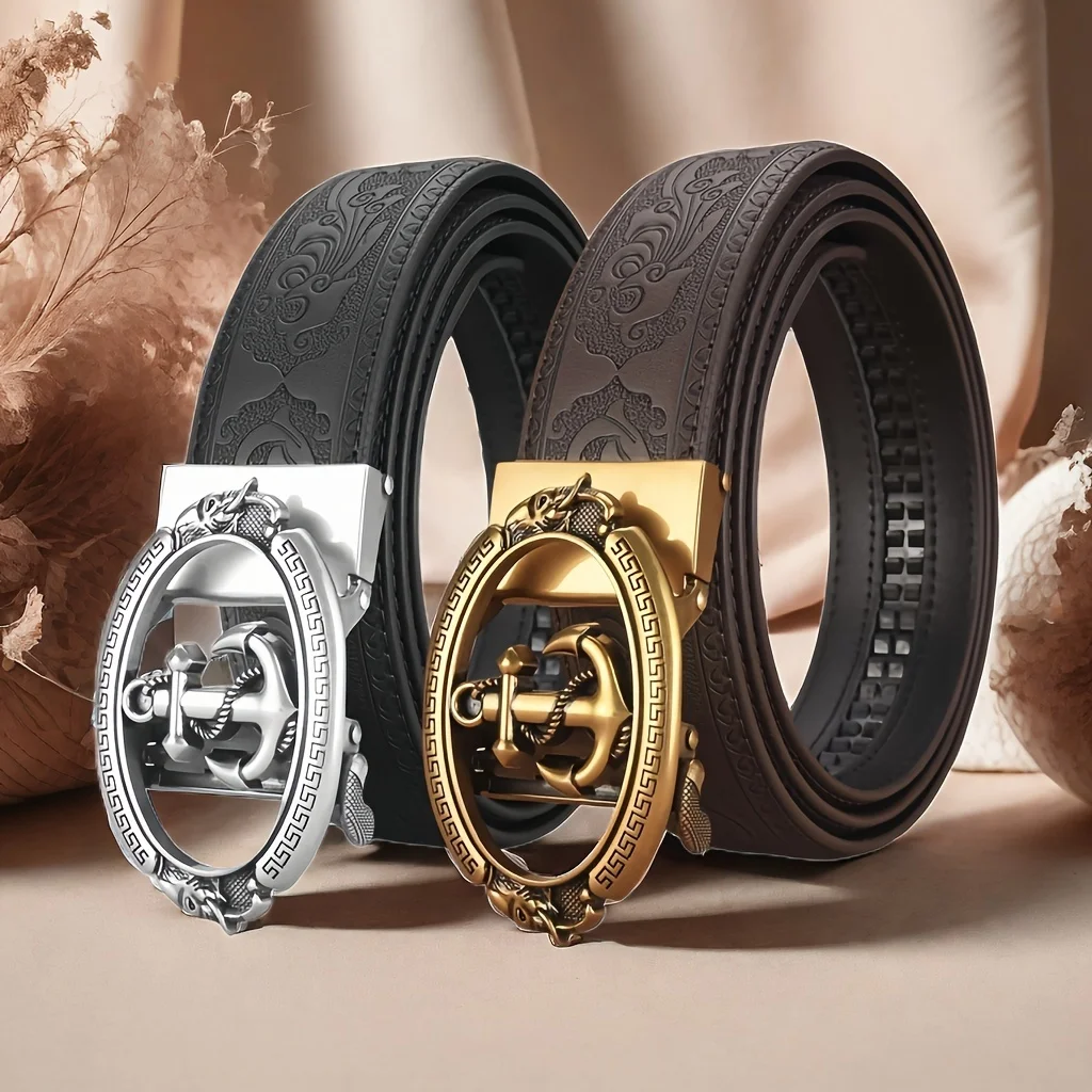 Men's Vintage Automatic Buckle Belt - Black Casual Genuine Leather with Golden-Tone Embossed Design, Gift for Husband or Father