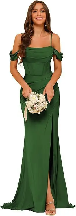 Satin Off-Shoulder Brautjungfernkleid Damen Wasserfallausschnitt Gerafftes Meerjungfrauenkleid mit Hohem Schlitz Maxi-Abendkleid für Hochzeitsfeier Formelle Kleider – Detail 9