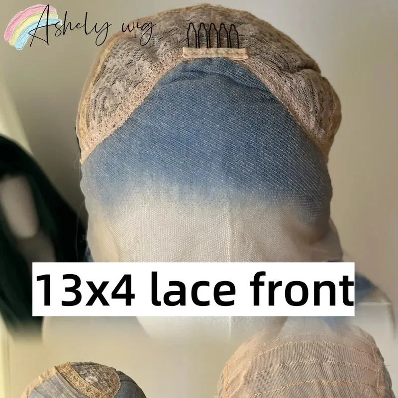 Peluca azul larga recta 13x4 pelucas de encaje sin pegamento azul oscuro para mujer pelucas frontales de encaje sintético de pelo de fibra Natural resistente al calor