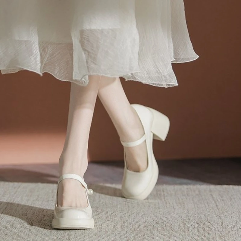 2025 New  Pearl with Medium Heels Round Toe Square Gothic Mary Jane Japanese Style Lolita Ladies Footwear Women's Shoes