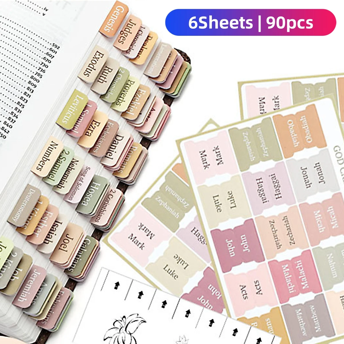 6 folhas (90 peças) abas da bíblia, impressão grande e fácil de ler, suprimentos para diário da bíblia, etiqueta autoadesiva, papelaria