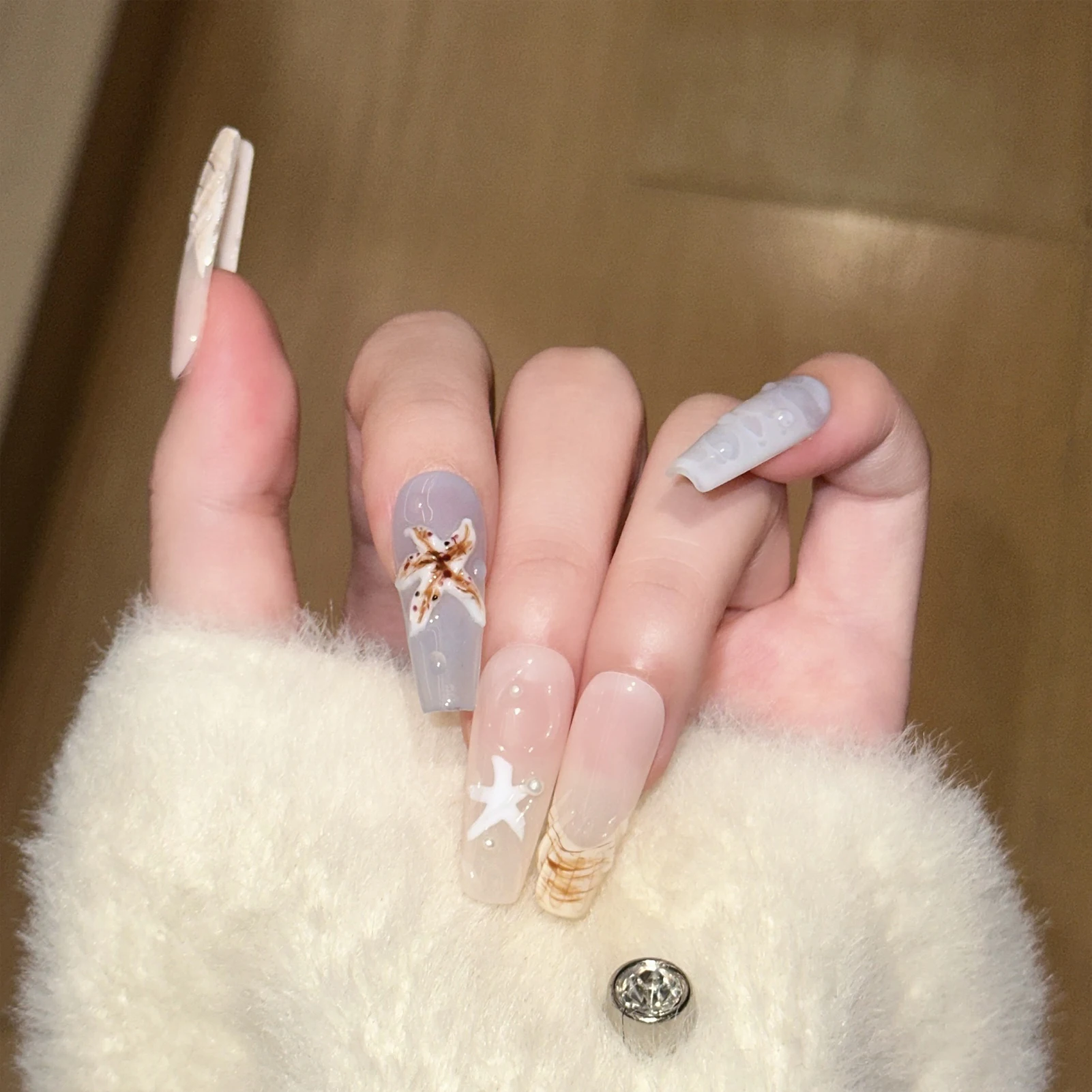 10개 롱 T자형 블루 버터플라이 프레스온 네일 오션 스타일 3D 프렌치 팁 인조 손톱 여성용 DIY 네일 아트 키트