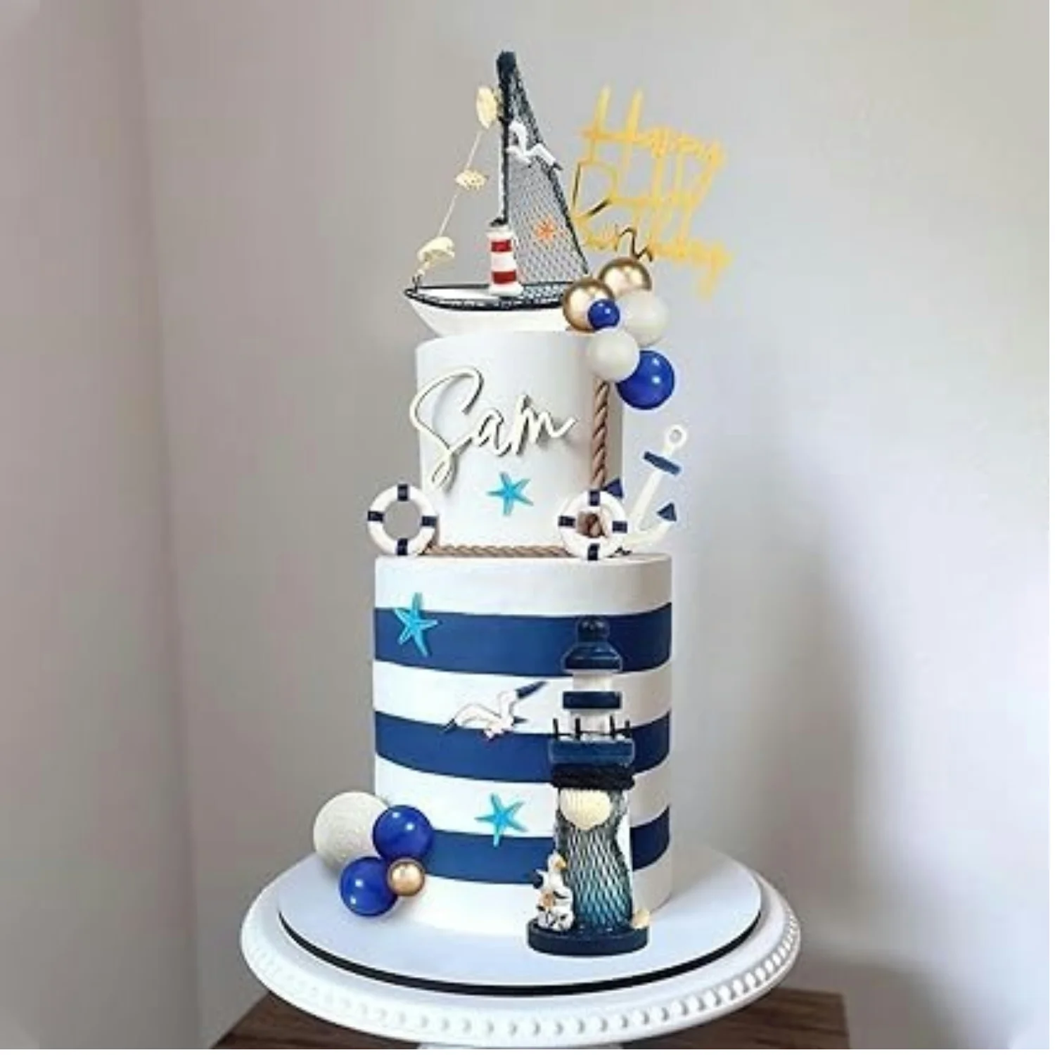 24Pcs Blue White Nautical Theme Cake Topper Anchor Ship Seagull Cake Decorations Birthday Party Summer Ship Party Picks Supplies