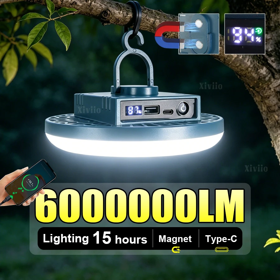 

6000000LM Camping Light Rechargeable Outdoor Tent Lights Magnetic Suction Powerful Fashlight Work Repair Fishing Camping Lantern