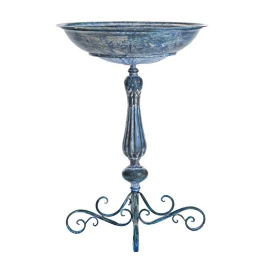 Outdoor wrought iron bird bath in mossy blue, Victorian-style pedestal design for garden decoration, rust-resistant finish, 22