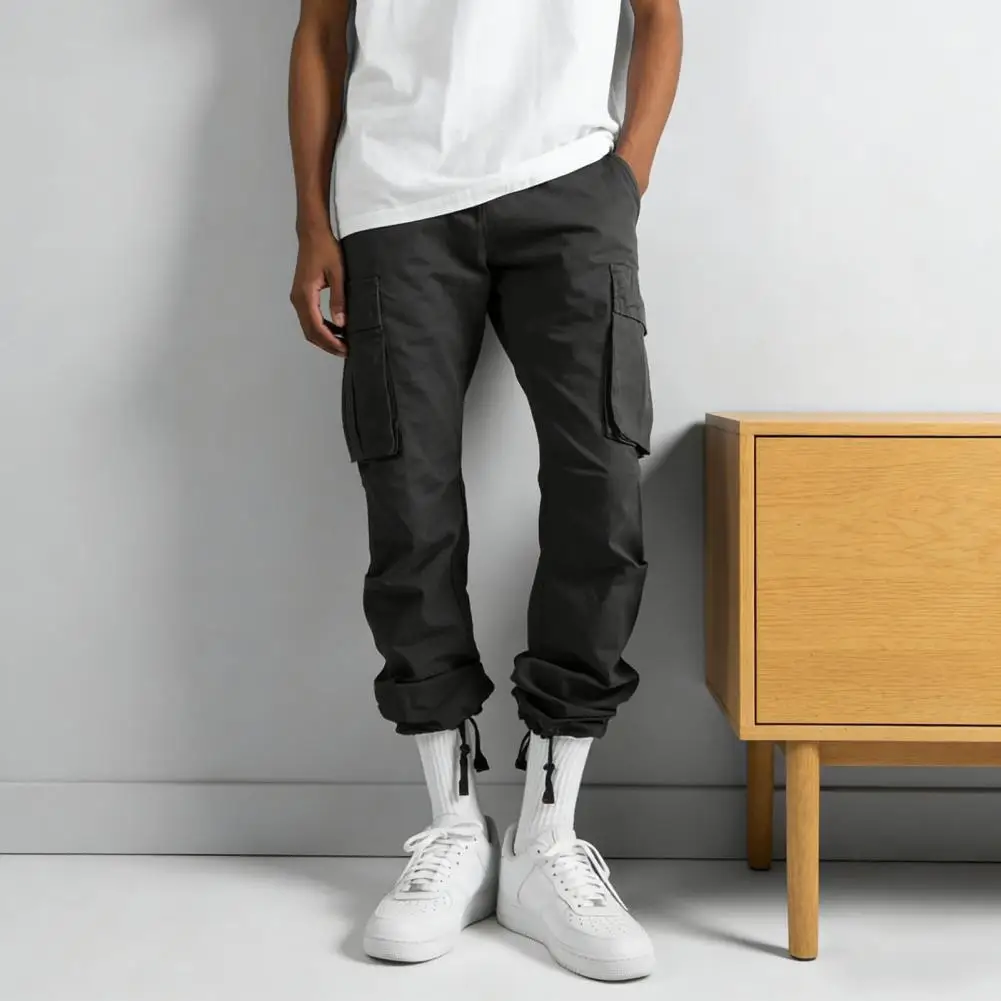 

Cotton Cargo Pants Men Solid Color Large Pocket Loose Overalls Elastic Waist Casual Trousers Pants