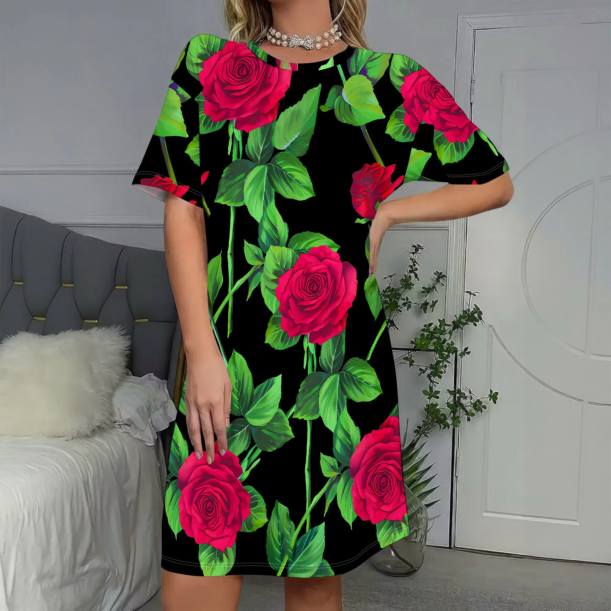 

Bold Floral Print, Rose Pattern Dress, Short Sleeve Shift, Black Background, Summer Casual Wear, Women's Fashion, S-2XL