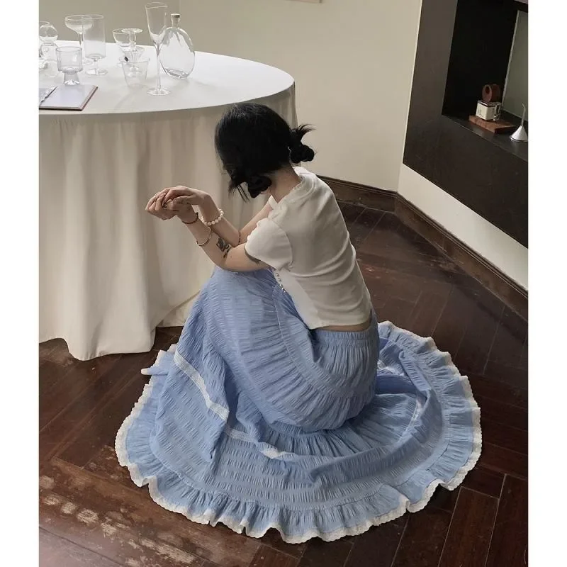 Lotus-leaf Blue Skirt Women's Summer New Solid Color Lace Design Sense Niche High Waist A-Line Long Skirt