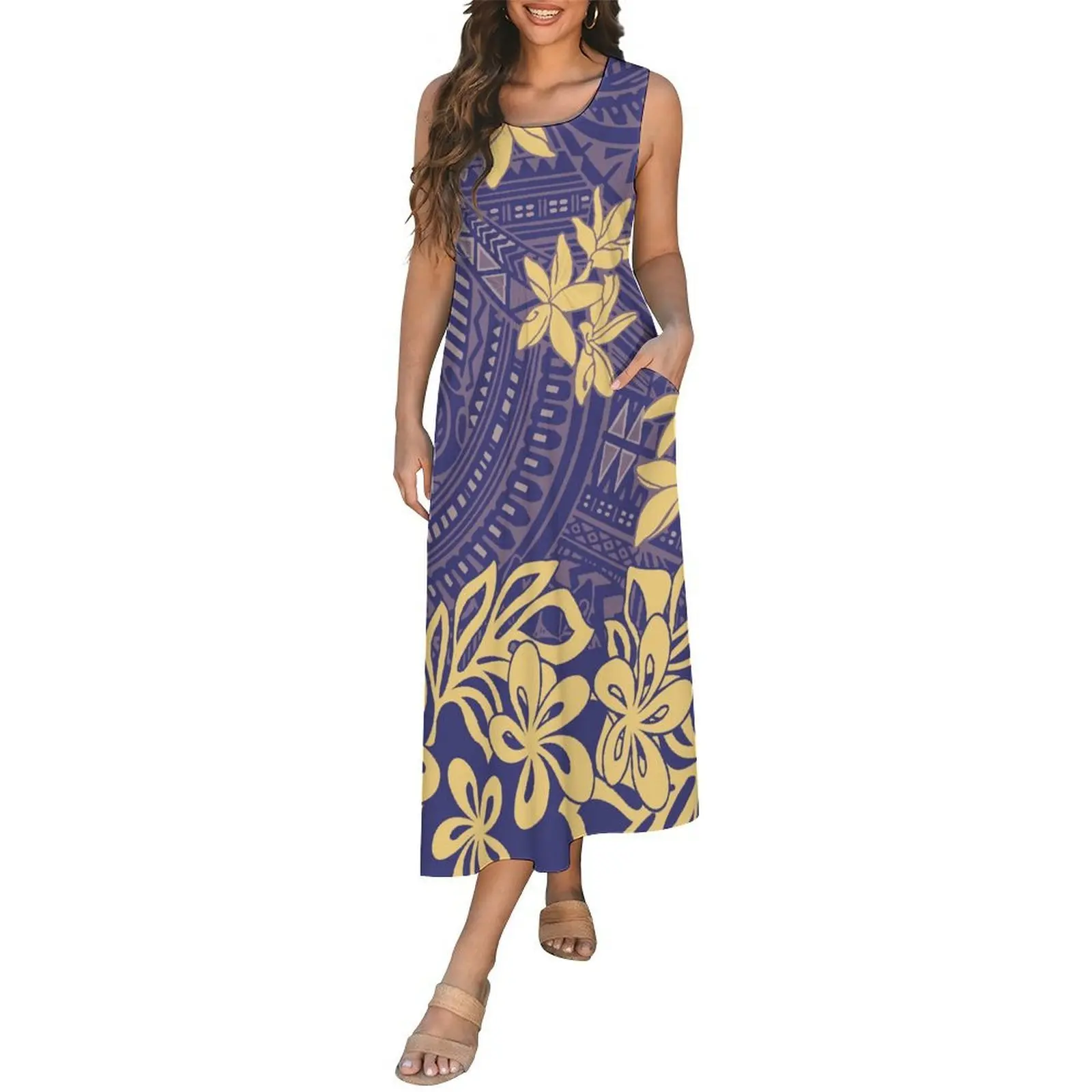 

Polynesian Casual Evening Dress Elegant And Loose Round-Neck Women'S Vest Dress Custom-Made Women'S Clothing With Floral Prints