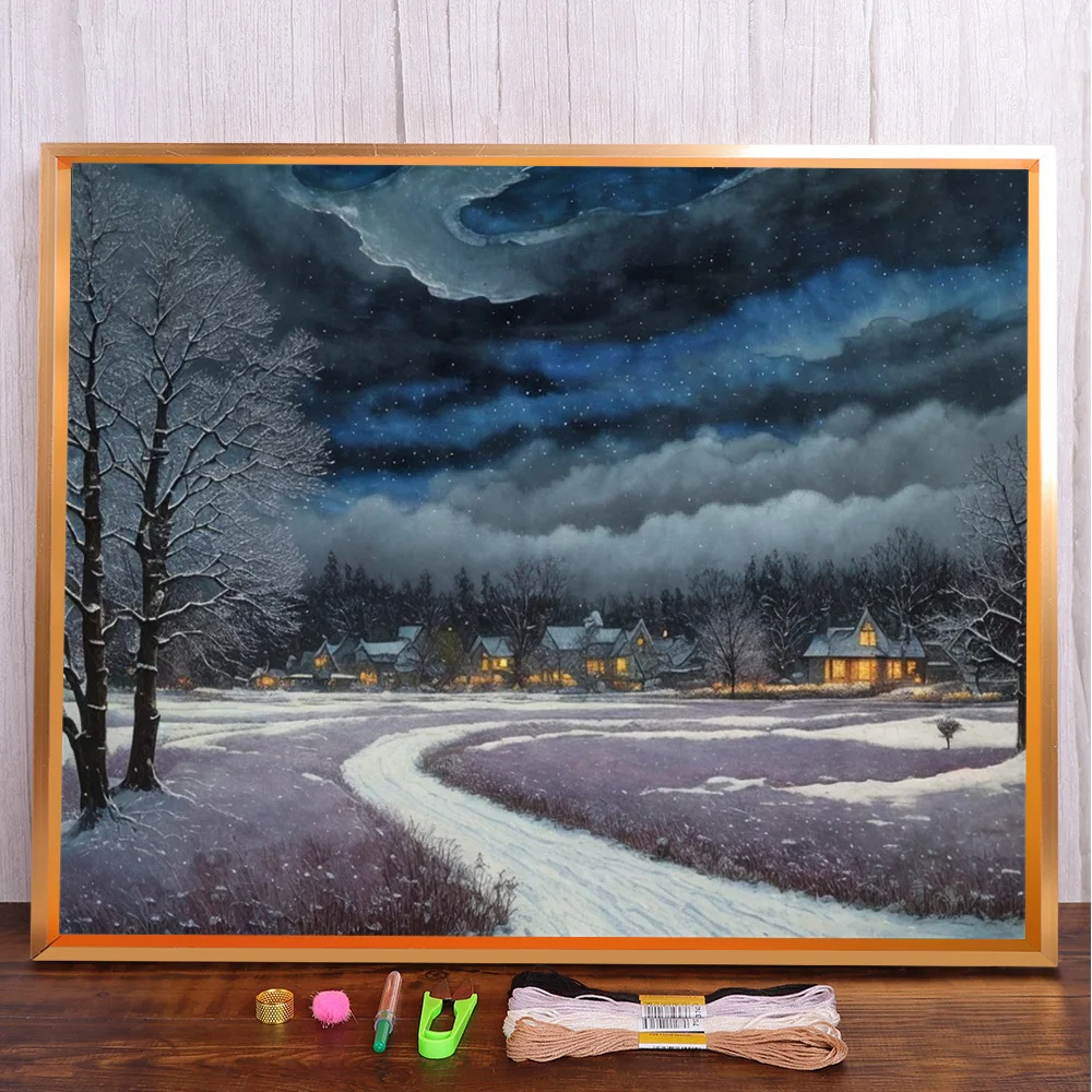 Landscape Winter Night Printed Cross Stitch Patterns DIY Embroidery Hobby Sewing Painting Craft Home Decor Counted Needle