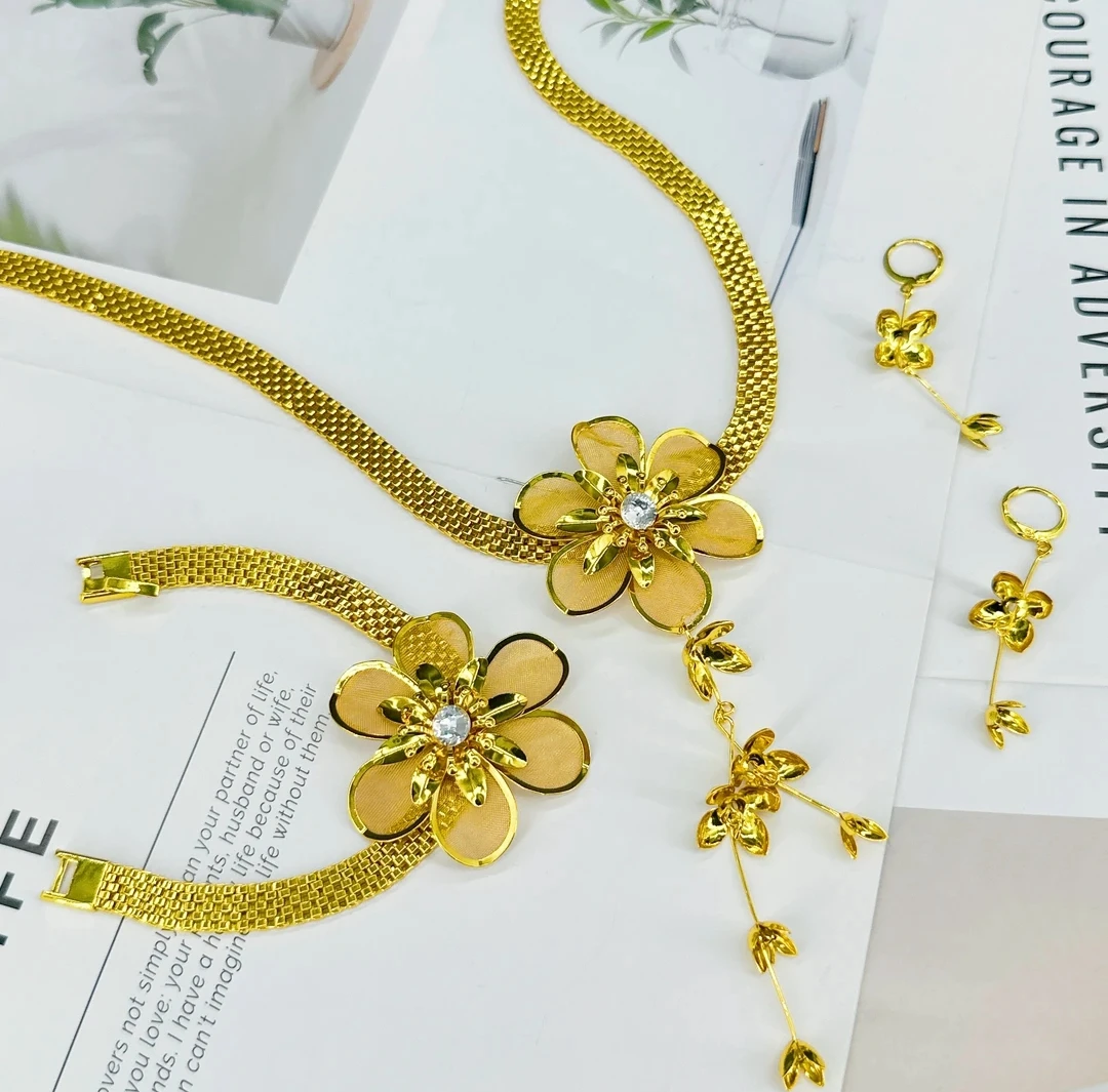 New Dubai 24K Gold Plated Necklace Earrings Bracelets for Women's Wedding Party Jewelry Set  DD10398