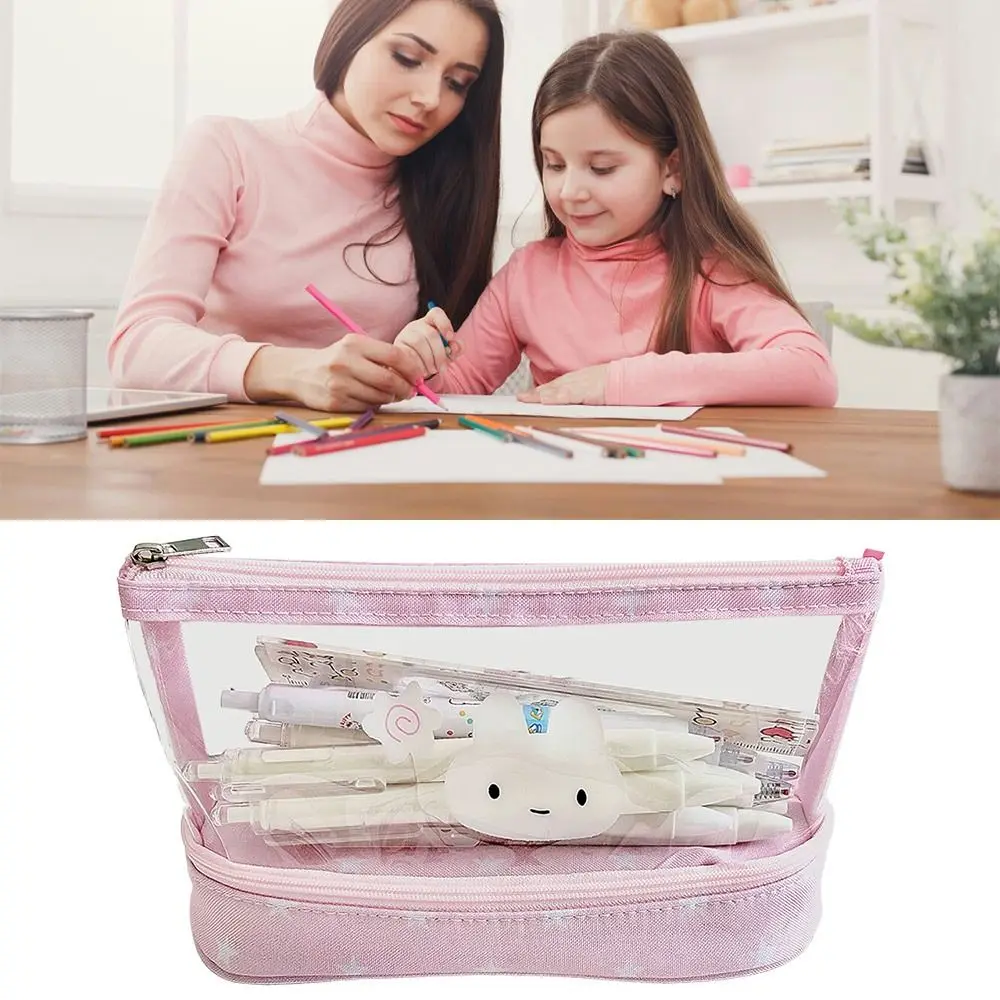 Pink Star Rabbit Pattern Pen Bag Transparent Double Layers Pencil Case Vertical Base Large Capacity Stationery Organizer