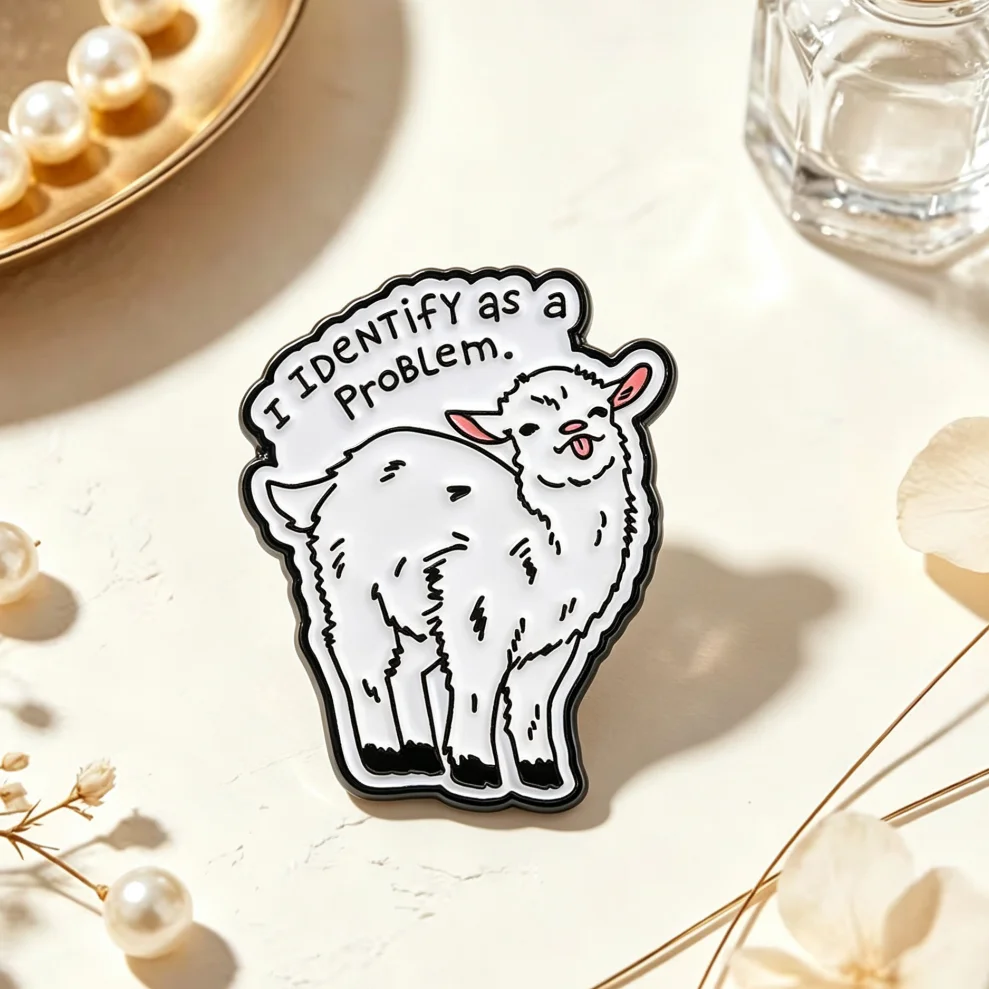 I Identify As A Problem Goat Enamel Lapel Pin Funny Slogan Sheep Metal Badge Cartoon Animal Backpack Jacket Decor Novelty Gift