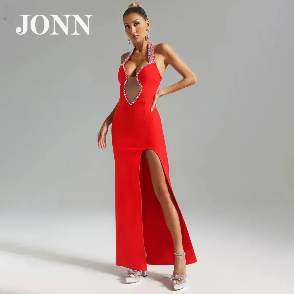 

JONN 2024 Summer Sexy Red Halter Backless Diamond-Studded Side Slit Maxi Dress Women Evening Birthday Party Long