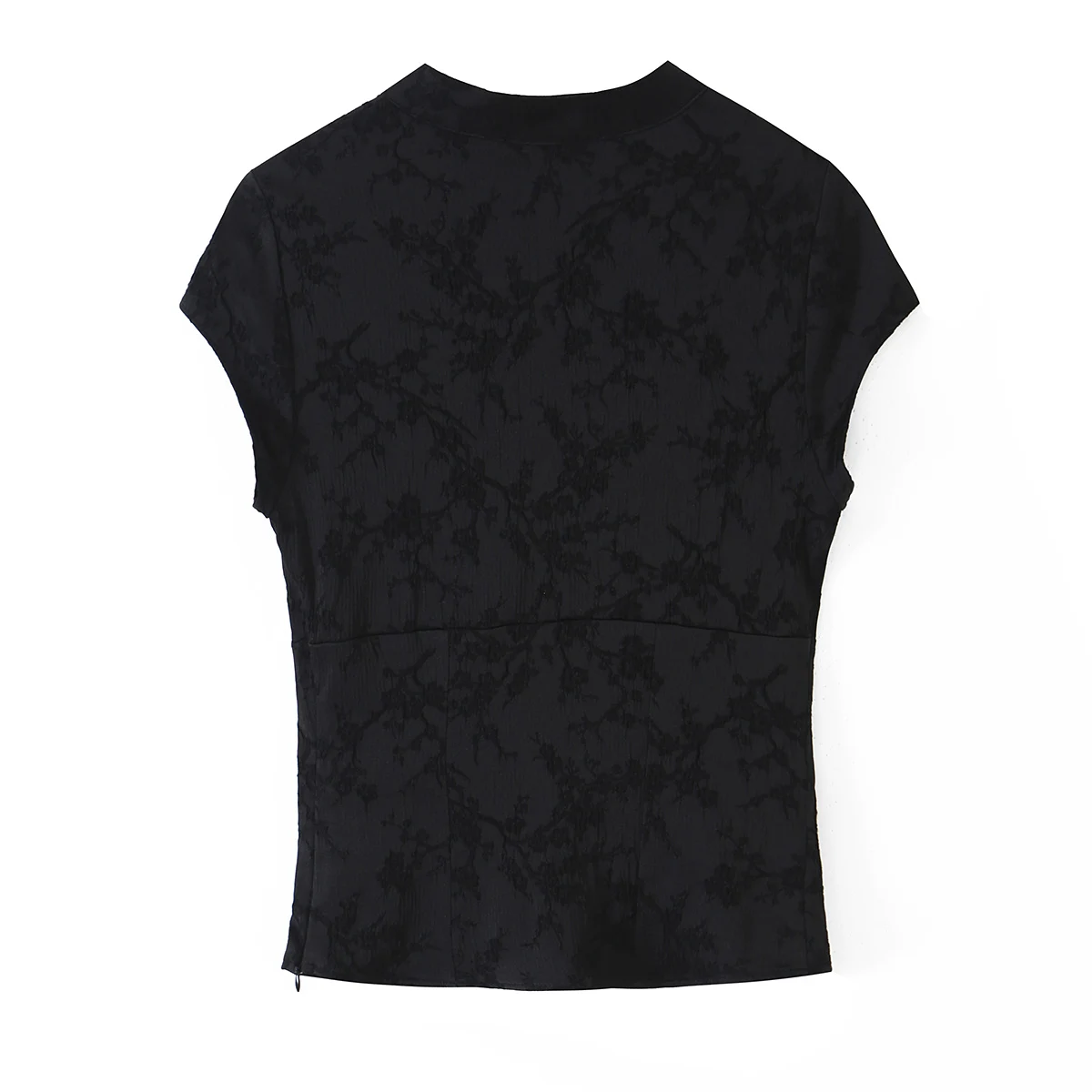 BSAY Vintage Neue Chinesische Damen-Bluse mit Jacquard-Muster, Stehkragen, Froschknöpfen, Schlüssellochausschnitt, Kurzärmeln und Schmaler Passform für Casual-Looks – Detail 3
