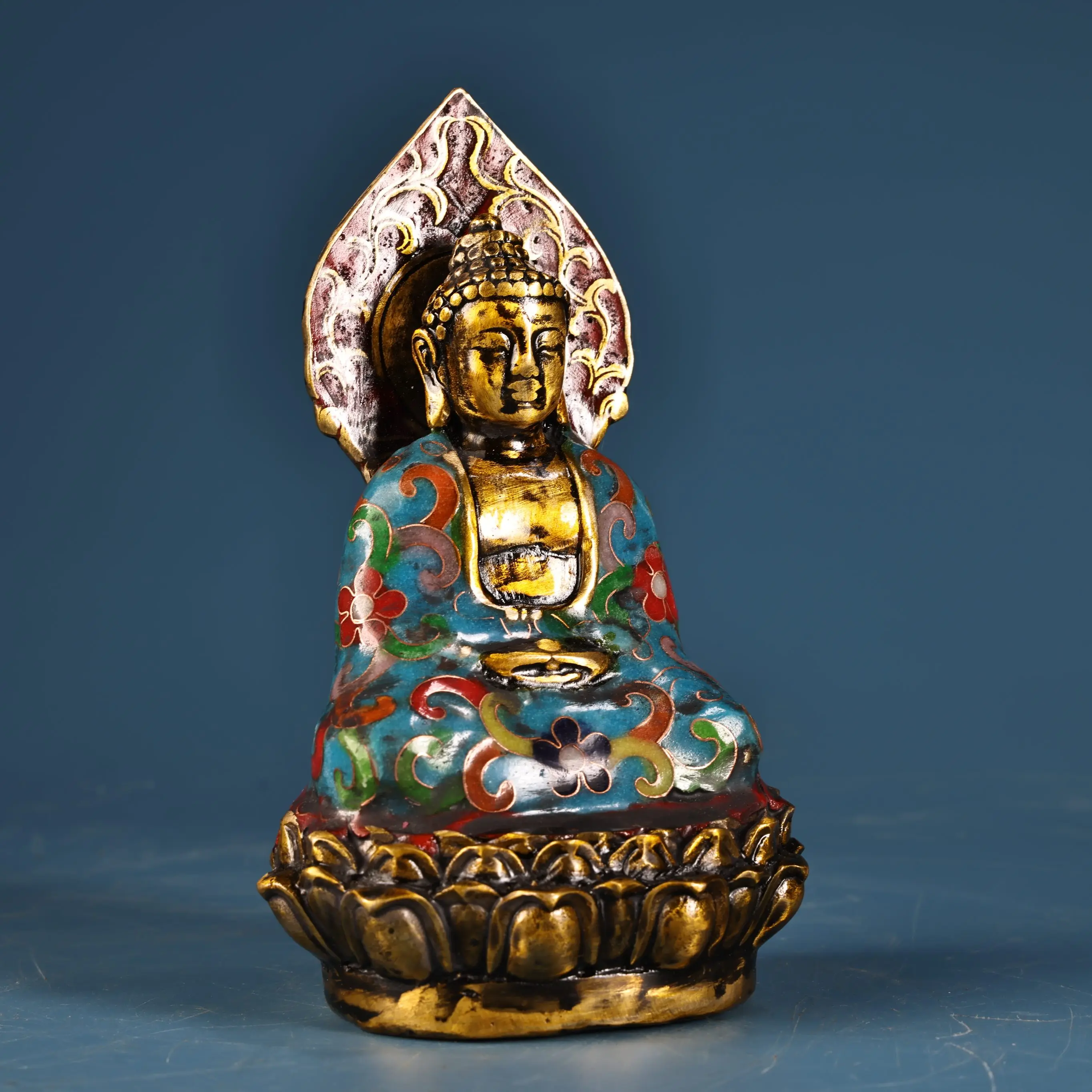 Old Bronze Cloisonne Enamel floral pattern Amitabha Buddha Shakyamuni sitting Buddha Head backlight Lotus Terrace Worship Hall