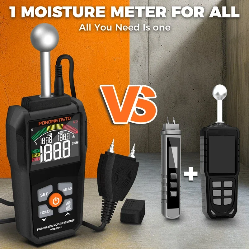 2IN1 Digital Wood Moisture Meter Pin&Pinless Wood Humidity Tester 0~99.9% Timber Damp Wood Detector with LCD Display Hygrometer