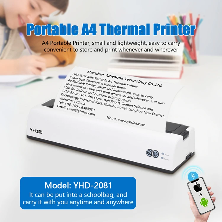 YHDAA YHD-2081 Mini Portable A4 thermal printer  A4 Bluetooth thermal printer compatible with IOS and Android