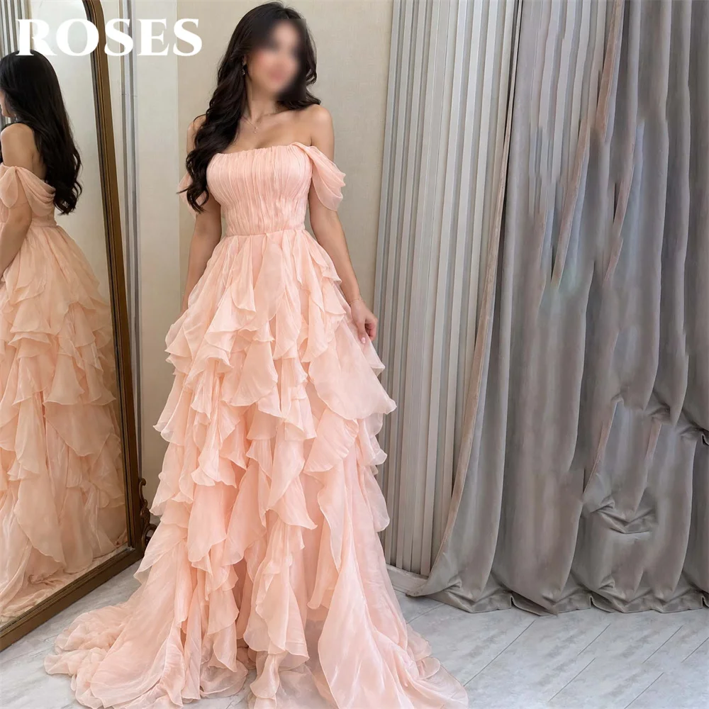ROSES Blush Pink Party Dress Multi Layer Ruffled Evening Dress Off Shoulder Formal Gown Pleated Prom Gown for Women Customized