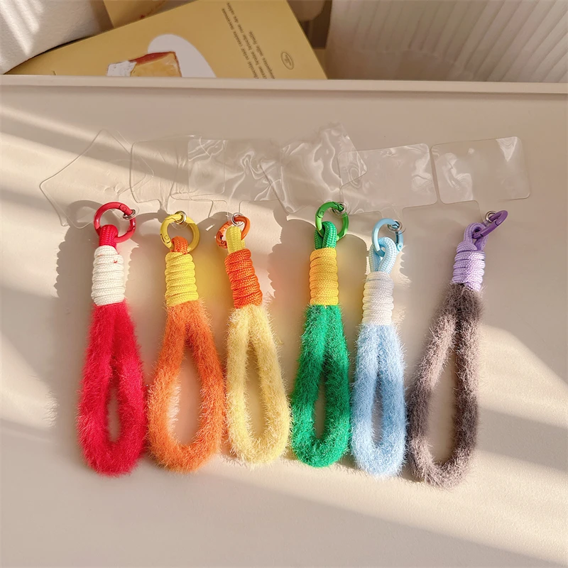 Cute Y2K Winter Plush Lanyard Colorful Phone Strap Bag Strips Keycord Hanging Trousers Accessories Anti-loss Keychain Wrist Rope