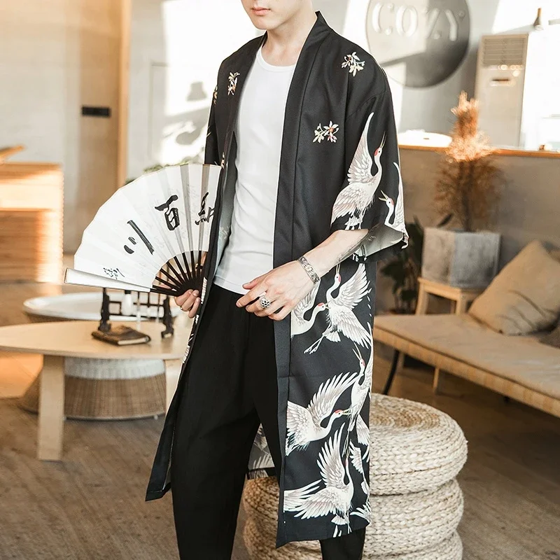 Kimono Man Haori Yukata Japanese Men'S Kimono Shirt Samurai Harajuku Japanese Streetwear Clothes Long Kimono Cardigan Men